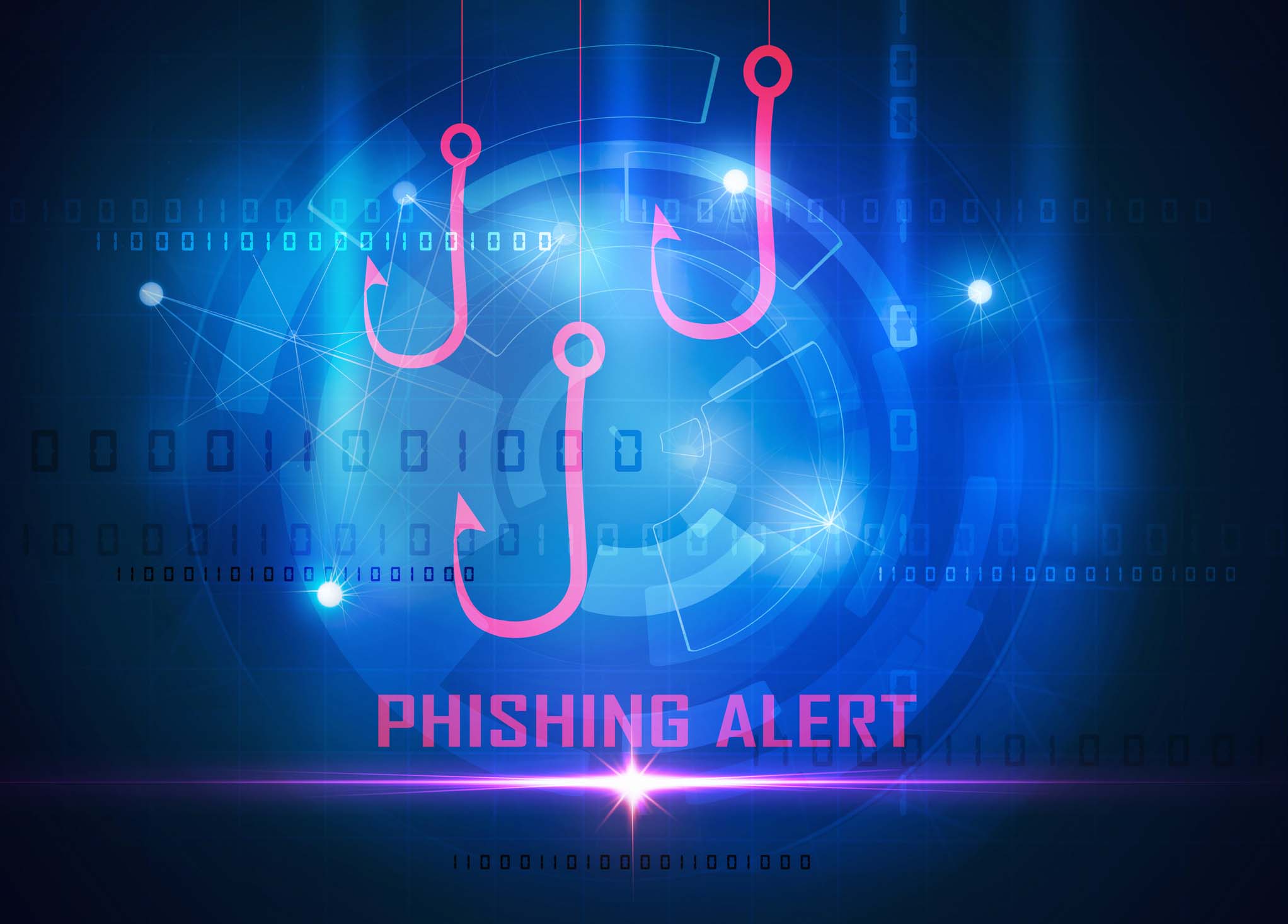 Phising Alert: multilayered image with camera lens, zeroes and ones, and fish hooks.